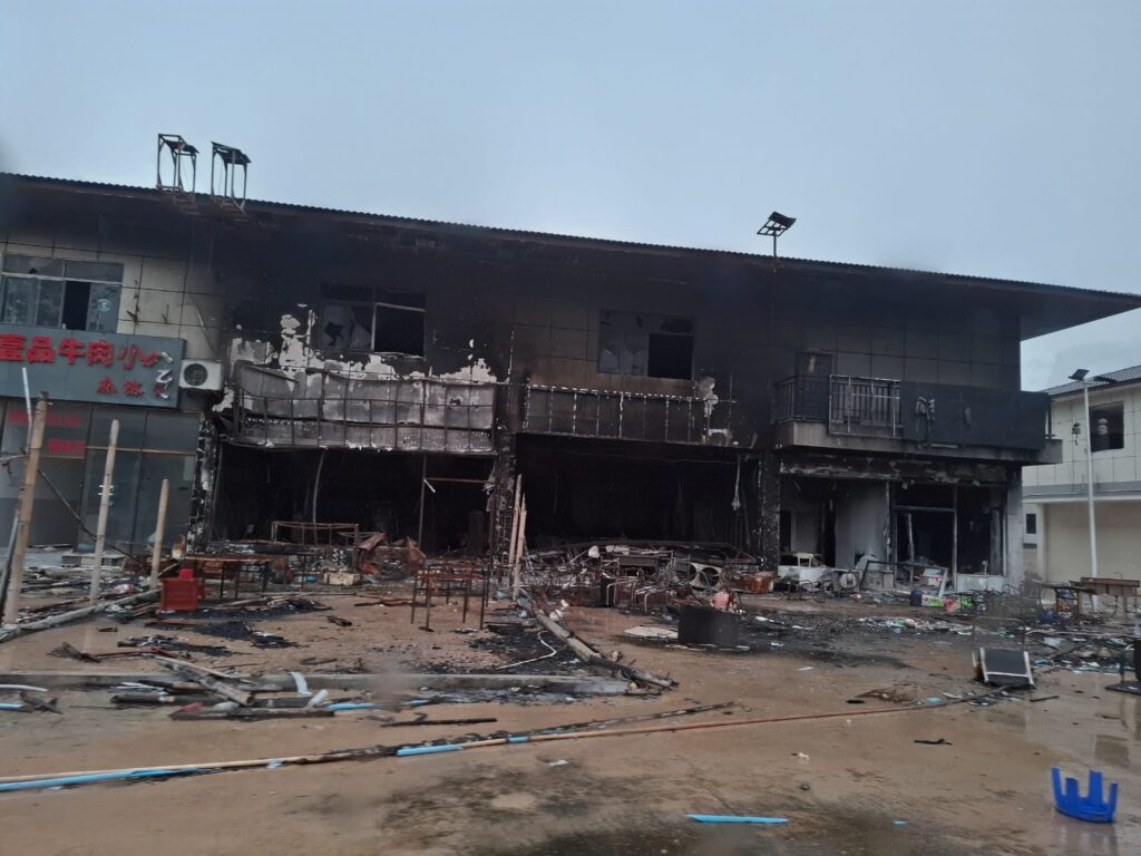 Buildings in Min Let Pan destroyed by junta airstrikes (Photo: Phil Thornton) 