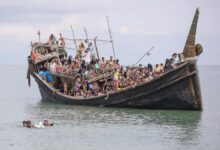 A boat carrying Rohingya refugees is stranded after reaching the coast of Indonesia’s Aceh Province in November 2023 (Photo: Amanda Jufrian / AFP)