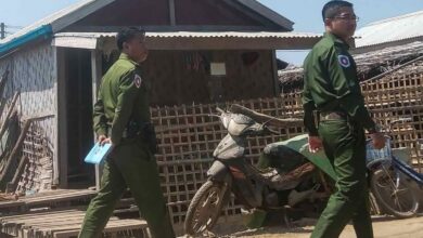 Soldiers entering the Kyauk Thar refugee camp in Kyaukphyu on the morning of February 27, 2024, in connection with military training (Photo: Arakan Princess Media)