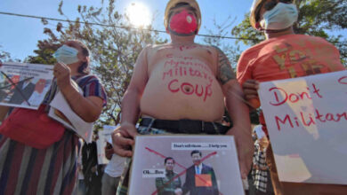 Protesters demonstrate against the military coup outside the Chinese Embassy in Yangon in 2021 (Photo: Myanmar Now)