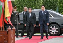 Myanmar junta leader Min Aung Hlaing is welcomed by Thailand's Prime Minister Anutin Charnvirakul at Government House in Bangkok during his visit to Thailand on August 6, 2026. (Photo: Lillian Suwanrumpha/AFP)