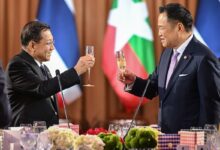 Myanmar junta leader Min Aung Hlaing, left, and Thai Prime Minister Anutin Charnvirakul make a toast during an official dinner at Government House in Bangkok on August 6 (Photo: Royal Thai Government / AFP)