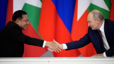 Min Aung Hlaing, left, shakes hands with Russian President Vladimir Putin during their bilateral meeting at the Grand Kremlin Palace in Moscow on August 18 (Photo: Alexander Zemlianichenko / Pool / AFP)