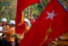 Female NLD members during a protest in Mandalay on February 18, 2021 (Photo: Myanmar Now)
