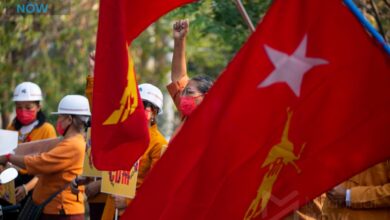 Female NLD members during a protest in Mandalay on February 18, 2021 (Photo: Myanmar Now)