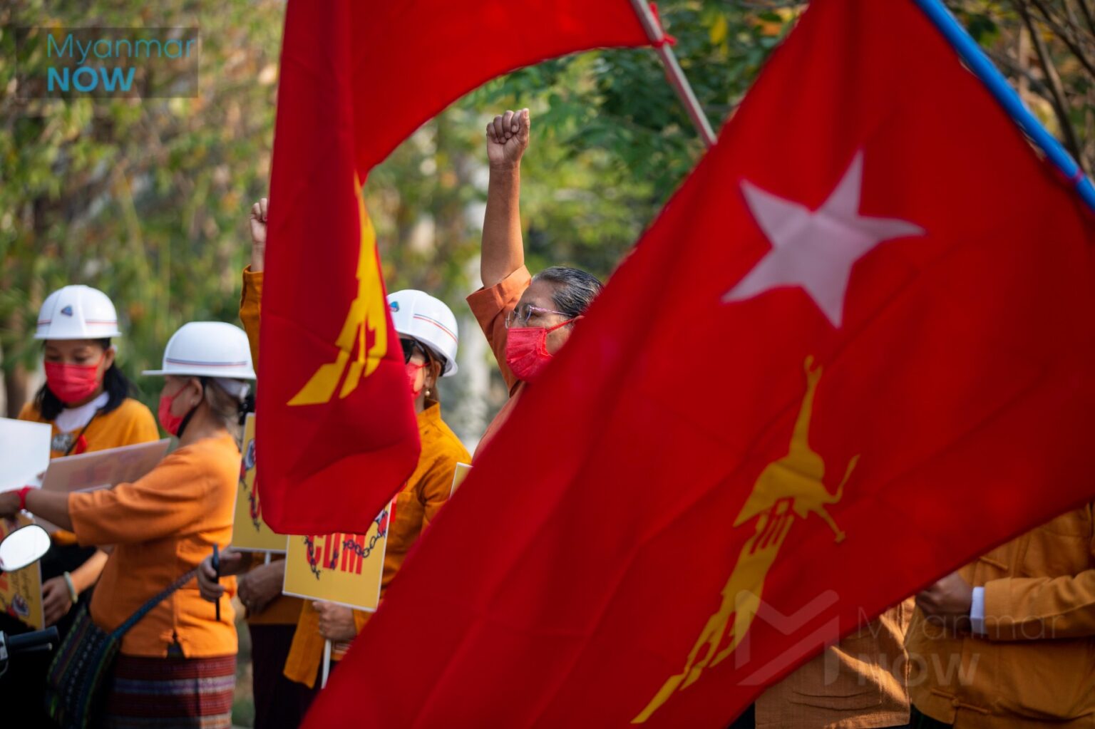 Female NLD members during a protest in Mandalay on February 18, 2021 (Photo: Myanmar Now)