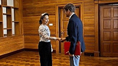 ICRC Myanmar country representative Arnaud de Baecque, right, meets with Aung San Suu Kyi on August 3 (Photo: Myanmar Presidential Spokesperson / Facebook)