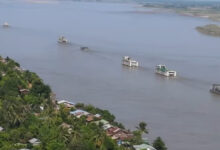 A junta flotilla transports weapons and supplies to Kachin State along the Ayeyarwady River in 2022 (Photo: Myo Hla PDF)