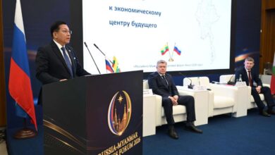 Min Aung Hlaing delivers a speech at the Russia-Myanmar Business Forum in Moscow, Russia on August 19 (Photo: Junta-controlled media)