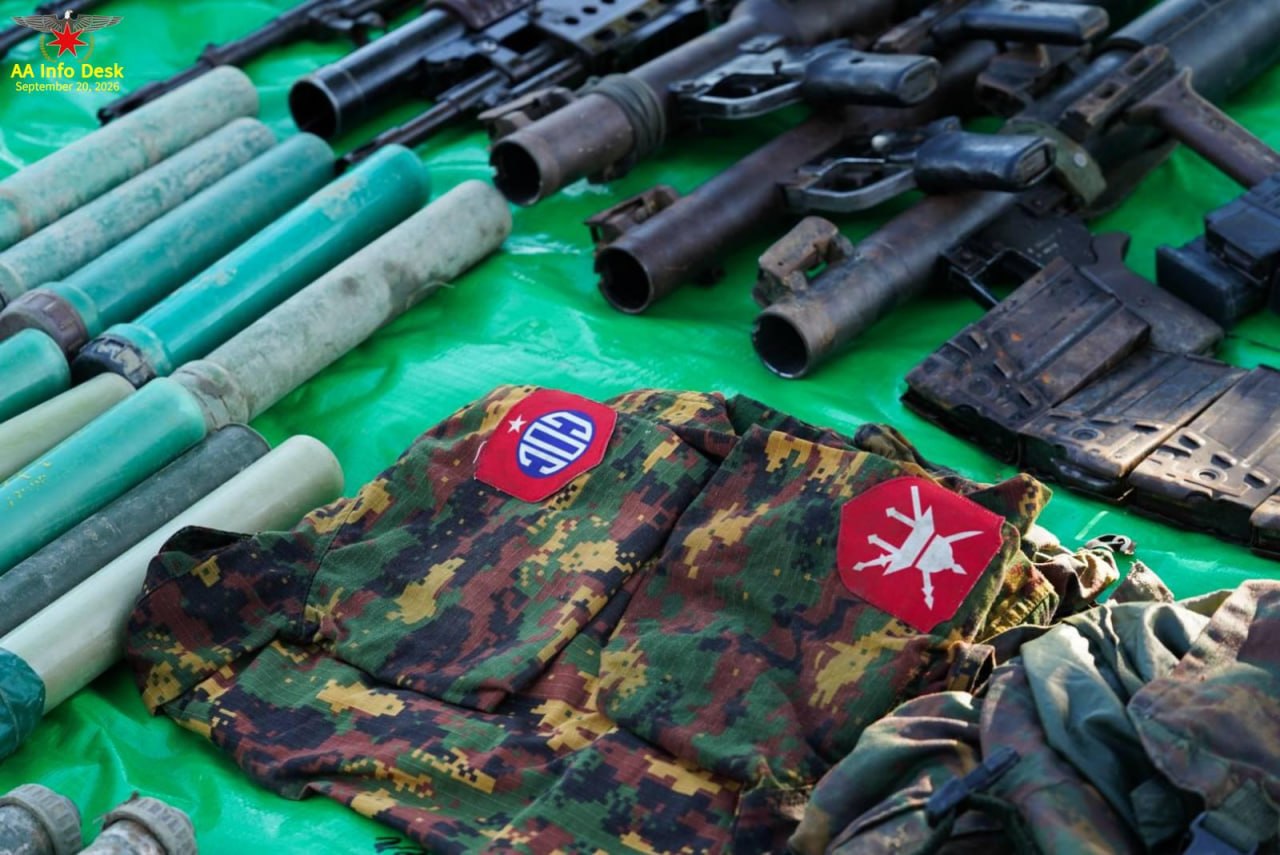 Weapons, ammunition, and some junta troops' uniforms bearing Light Infantry Division 101 badges seized during the Min Chaung Bridge battle (Photo: AA)