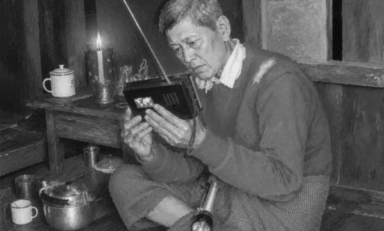 My grandfather, listening to his radio by candlelight (Photo: Myo Thant)