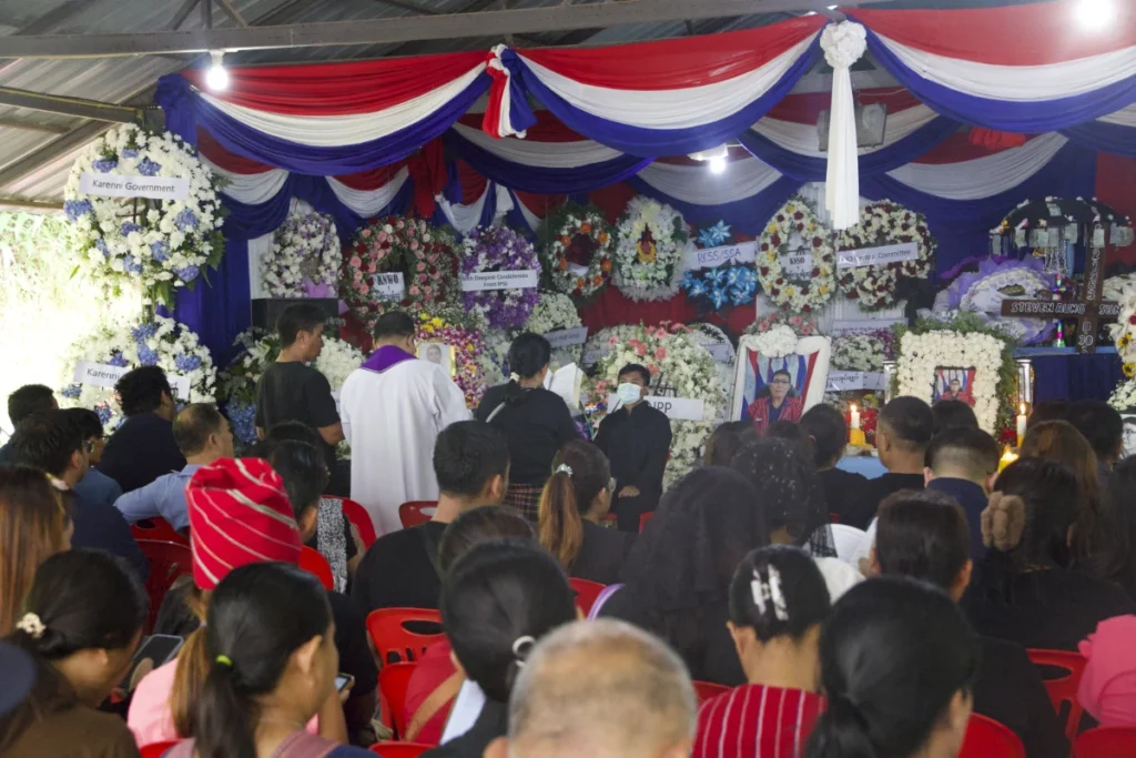 Wreaths laid at the funeral of KNPP leader Steven Aung San Myint (Photo: Saw Reh / Myanmar Now) 