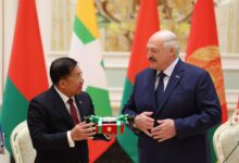 Belarusian President Alexander Lukashenko, right, receives an honorary medal from Myanmar junta leader Min Aung Hlaing in Naypyitaw on March 7, 2025 (Photo: AFP)”