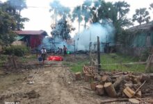 A house in in Mu Kan Gyi burns after being hit by an airstrike on October 8 (Photo: Depayin Township People’s Administration Organisation)