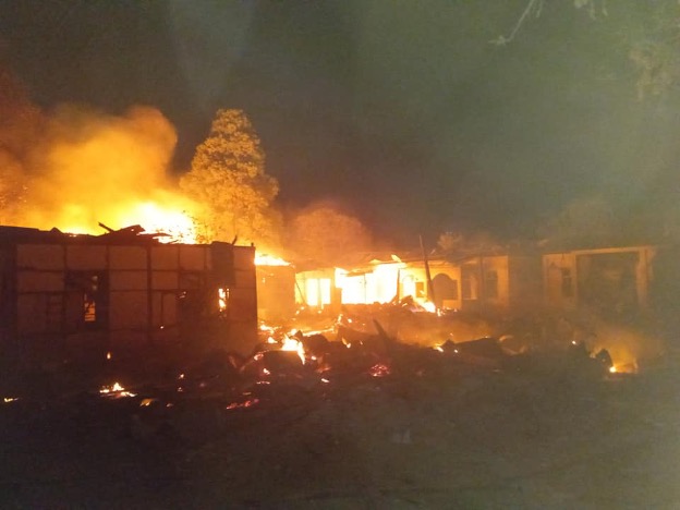 A hospital in Chin State’s Mindat Township is seen burning after being hit by a junta airstrike in April 2024 (Photo: Supplied)