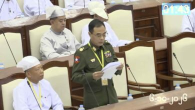 A screenshot from junta-controlled state television shows Maj.-Gen. Min Thu, the regime’s deputy home affairs minister, addressing parliament in Naypyitaw on October 6