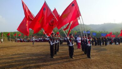 မွန်ပြည်သစ်ပါတီ တပ်ဖွဲ့ဝင်များကို အခမ်းအနားတစ်ခုတွင် တွေ့ရစဉ်။ (ဓာတ်ပုံ − NMSP)