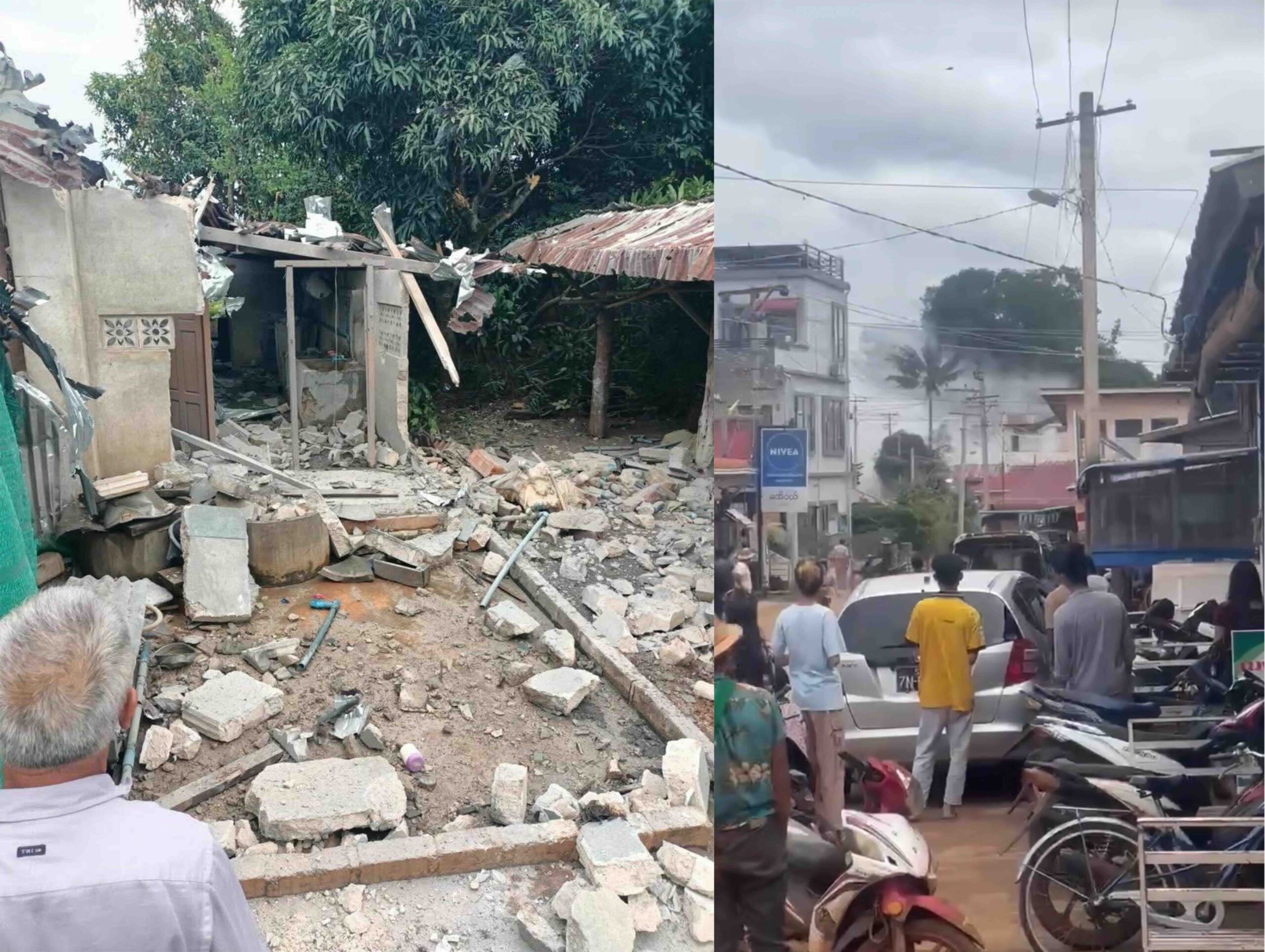 -လက်နက်ကြီးကျည် ရောက်ပေါက်ကွဲခဲ့သည့် နောင်ပိန်ကျေးရွာနေအိမ်တစ်လုံးနှင့် ကျရောက် ပေါက်ကွဲစဉ်။(ဓာတ်ပုံ-ပေးပို့)