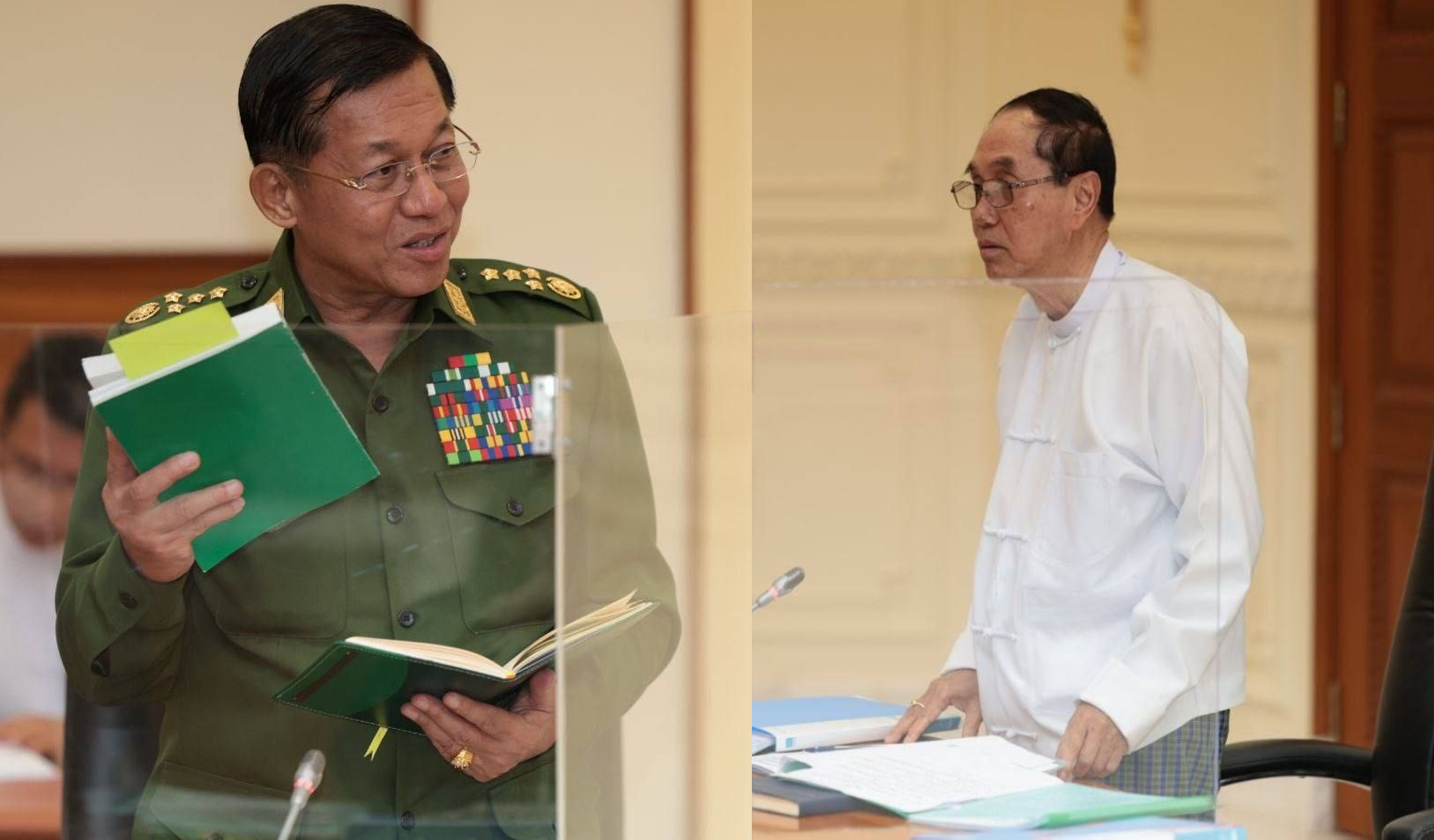 ဗိုလ်ချုပ်ကြီးဟောင်း မြင့်ဆွေကို ၂၀၂၄ ခုနှစ် ဇန်နဝါရီအတွင်း အာဏာသိမ်းခေါင်းဆောင်နှင့်အတူ တွေ့ရစဉ်။ (ဓာတ်ပုံ – စစ်ကောင်စီ)