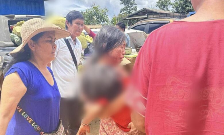 လေကြောင်းတိုက်ခိုက်ခံရ၍ အရပ်သားများ ထိခိုက်ခဲ့သည့် နောင်ပိန်ရွာကို ဩဂုတ်လ ၂၀ ရက်နေ့ နံနက်ပိုင်းတွင်တွေ့ရစဉ်။ (ဓာတ်ပုံ - ပေးပို့)