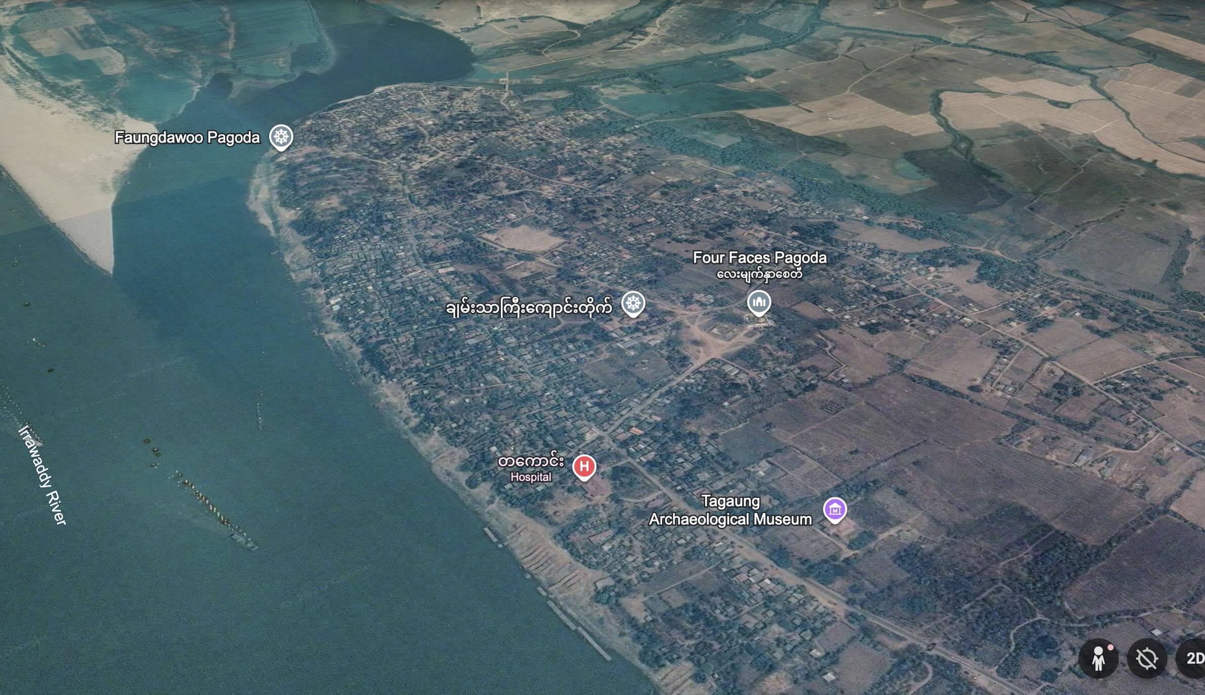 ဧရာဝတီမြစ်ဘေးမှ တကောင်းမြို့ကို Google Earth မှ တွေ့ရစဉ်။