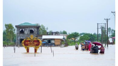 ကျောက်တော်မြို့နယ်အတွင်း ရေမြုပ်နေသည်ကို ဇူလိုင်လ ၉ ရက်က တွေ့ရစဉ်။ (ဓာတ်ပုံ- Khine Murn Chun)