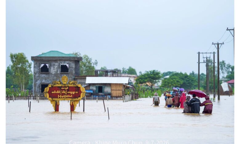 ကျောက်တော်မြို့နယ်အတွင်း ရေမြုပ်နေသည်ကို ဇူလိုင်လ ၉ ရက်က တွေ့ရစဉ်။ (ဓာတ်ပုံ- Khine Murn Chun)