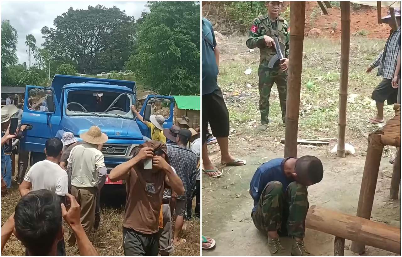 ပစ်ခတ်ခံရသည့်ကားနှင့် KIA တပ်ဖွဲ့ဝင်ကို ဖမ်းဆီးထားစဉ်။