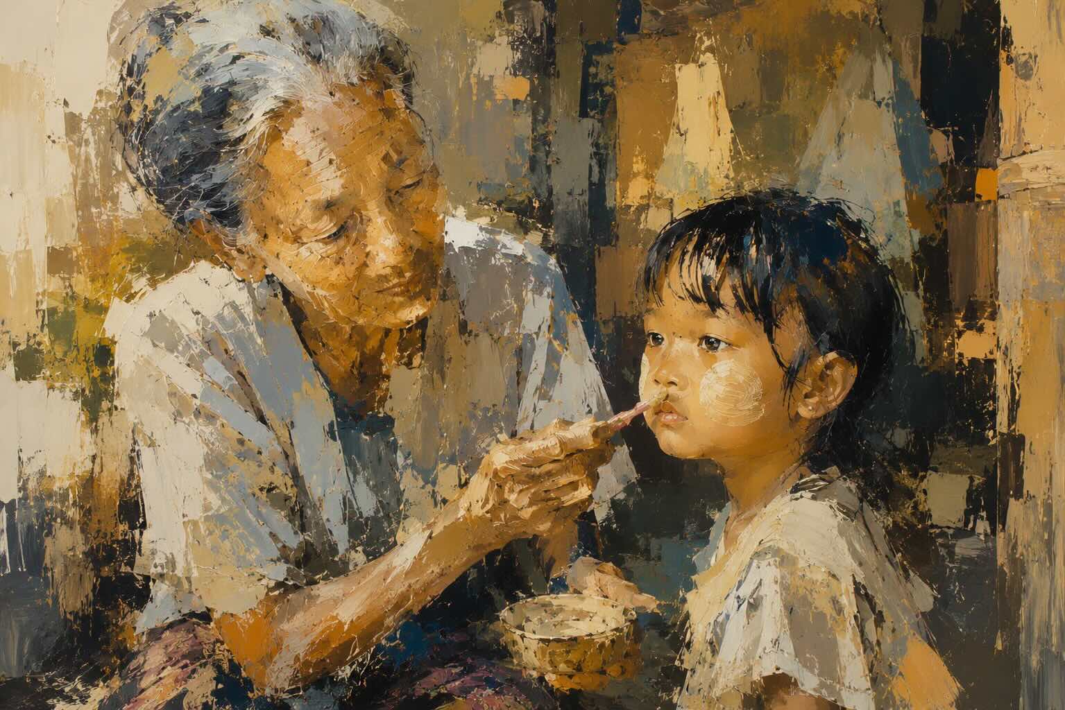 ဒေါ်သန်းဌေးနှင့် မြေးငယ်လေးကို AI ဖြင့် သရုပ်ဖော်ထားခြင်း ဖြစ်သည်။ ( သရုပ်ဖော်ပုံ- AI)