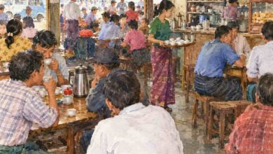 AI ဖြင့် ဖန်တီးထားသည့် လက်ဖက်ရည်ဆိုင် ရေဆေးပန်းချီ။